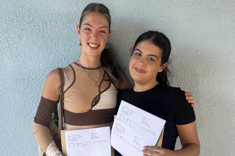 Hailsham Sixth Form students Elodie Cooper (left) and Olivia Muller (right) with their A-level results. Picture from Hailsham Sixth Form