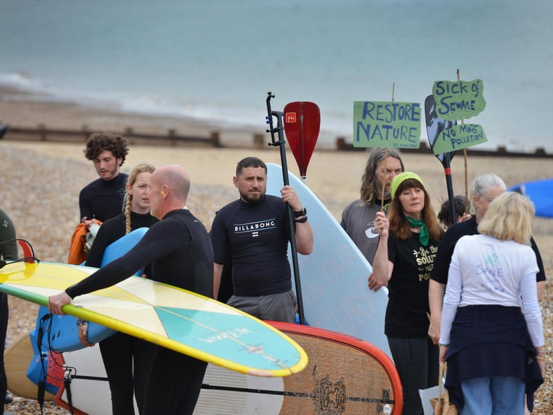 Surfers Against Sewage Paddle-Out protest in Hastings on May 18 2024.