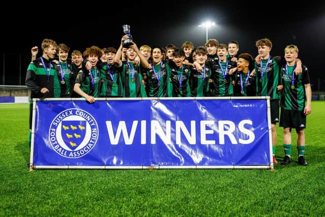 Burgess Hill Town Juniors lifting the Sussex John Davey Cup | Picture by Simon Rose Photography