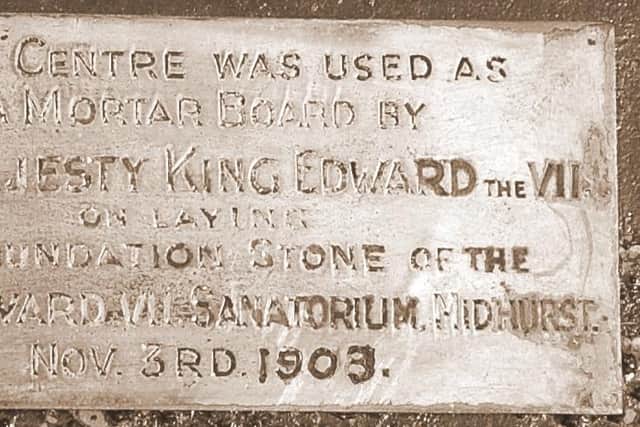 It reads: "this centre was used as a mortar board by King Edward VII on laying the foundation stone of the King Edward VII Sanitorium, Midhurst. Nov 3 1903."