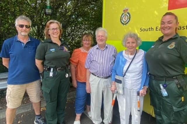 Jon Hadaway was reunited with his life-saving 'angels' and is pictured with his wife Pam, his son Nick, 64, and daughter Sarah, 59.
