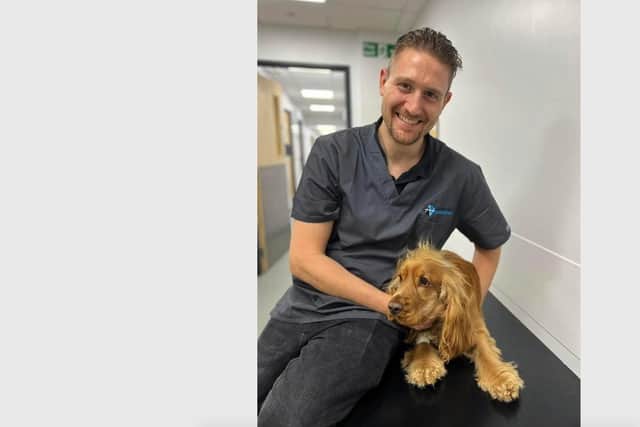 Jarvis with Anderson Abercromby veterinary surgeon Federico Piccinno who operated after the young cocker spaniel shattered his paw while chasing a rabbit