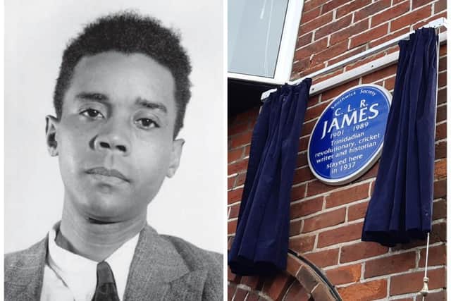 C.L.R. James and the blue plaque unveiled in Southwick in his honour. Picture: Elaine Hammond / Sussex World
