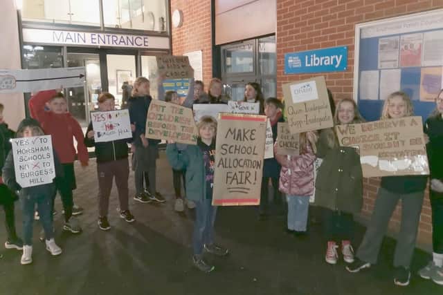 Some of the Southwater children and parents protesting about the allocation of school places