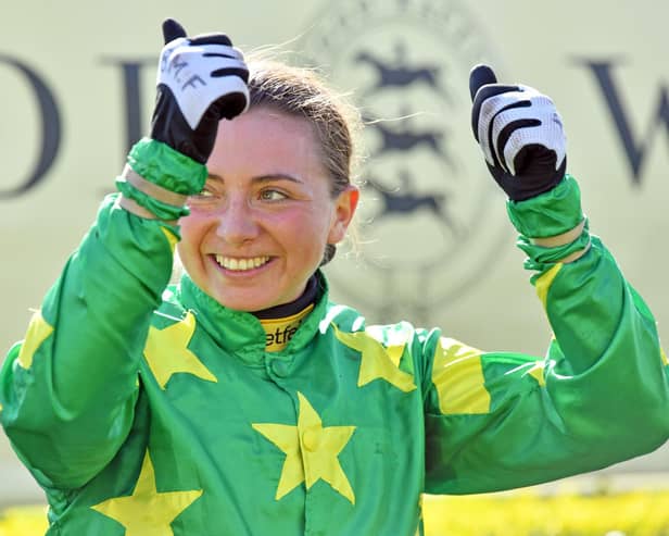 Bryony Frost celebrates her win on Zikany | Picture: Malcolm Wells - see more in the slideshow at the top of the article