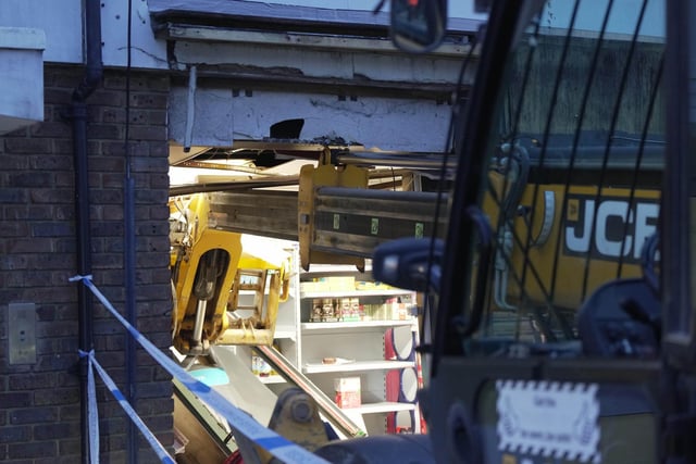 Response units came across a ‘crane attempting to steal an ATM from a supermarket’ in Barnham Road, with one man taken into police custody