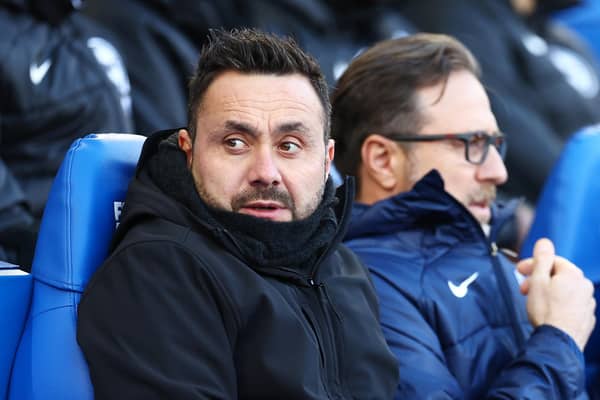 Roberto De Zerbi, Manager of Brighton & Hove Albion, looks on prior to the Premier League match between Brighton & Hove Albion and Burnley FC at American Express Community Stadium on December 09, 2023 in Brighton, England. (Photo by Bryn Lennon/Getty Images)