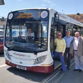 Elizabeth Linton, chairman of East Preston Parish Council's community engagement committee, and Graham Tyler, chairman of Rustington Parish Council, get ready to board the new bus service with Compass staff and local residents