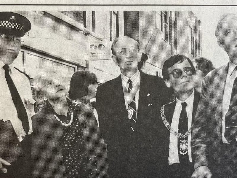 Dignitaries assessing the bomb damage in London Road.