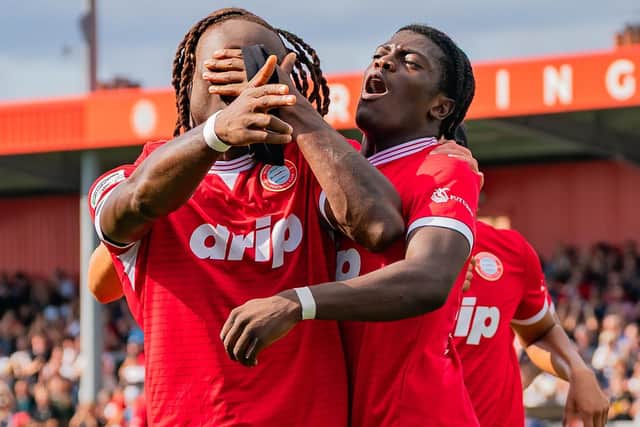 Razzaq Coleman De Graft is congratulated after putting Worthing ahead versus Boreham Wood | Picture: Jay Wrighte for Worthing FC