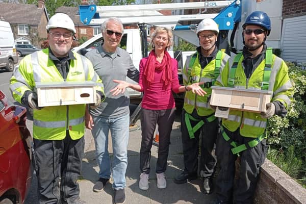 Paul Maynard, John Preston, Morag Warrack, Ben Parkes and Ritchie Mulhall with the swift next boxes (Photo: UK Power Networks)