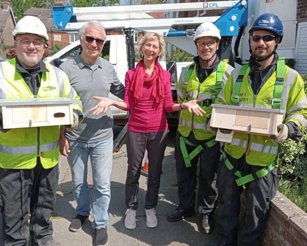 Paul Maynard, John Preston, Morag Warrack, Ben Parkes and Ritchie Mulhall with the swift next boxes (Photo: UK Power Networks)