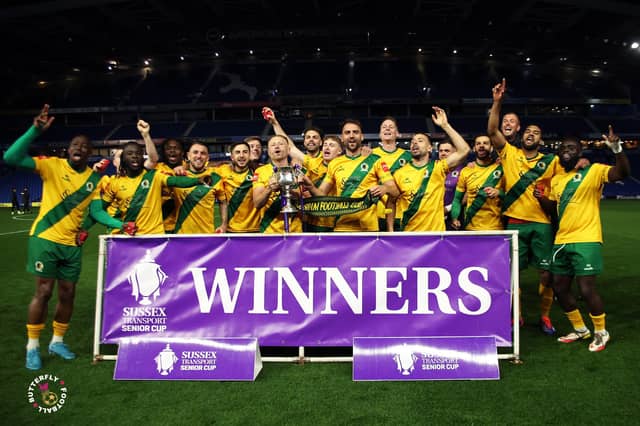 James Hammond’s majestic 95th minute free-kick clinched Horsham FC’s first league and Sussex Transport Senior Cup double in the club’s history.