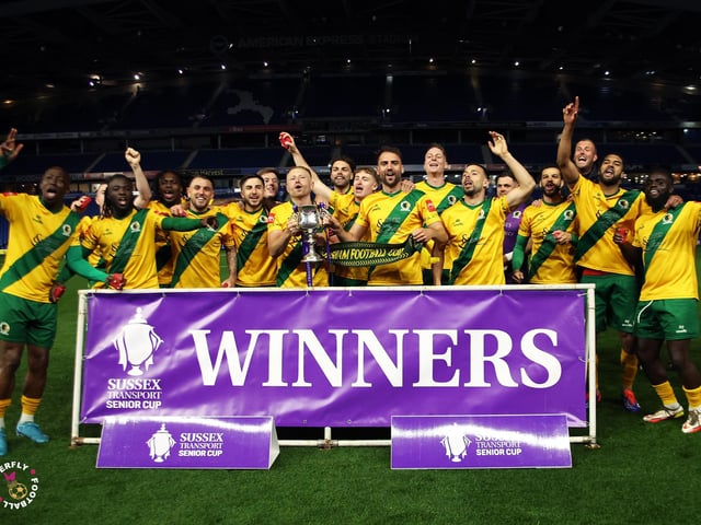James Hammond’s majestic 95th minute free-kick clinched Horsham FC’s first league and Sussex Transport Senior Cup double in the club’s history.