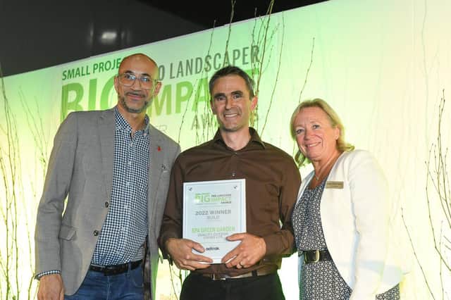 Freddie Cottingham receiving the award, for garden build, Small Impact - Big Impact Awards,
at London Excel.  