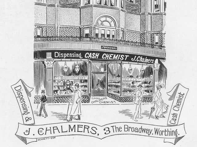 An advert for the dispensing and cash chemist in The Broadway, Brighton Road