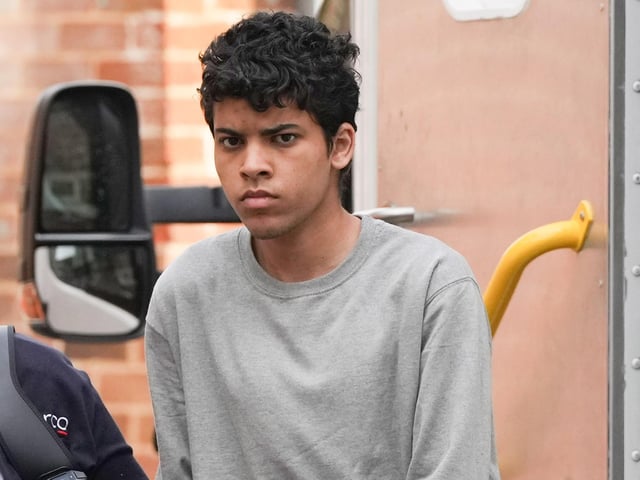 A Sussex teenager accused of murdering his father and attempting to kill a woman and a boy has been pictured arriving at court in handcuffs.