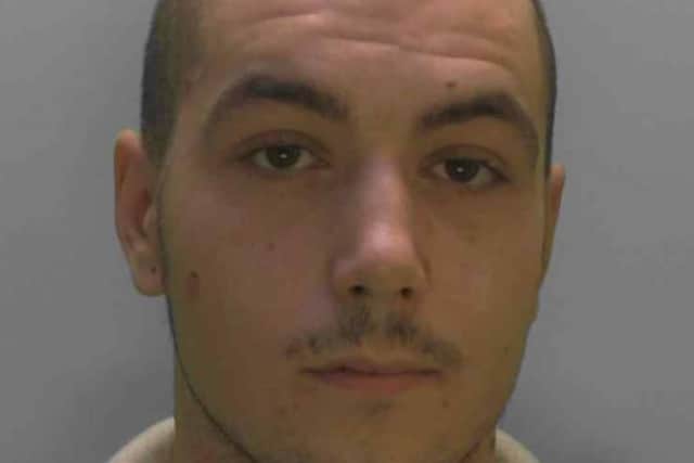 Sam Bullen, 25, is sought in relation to a ‘serious assault’ in Station Road, Angmering, around 10.30pm on August 6, 2022. Photo: Sussex Police