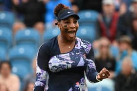 Serena Williams enjoys her return to competitive tennis on the centre court at Devonshire Park yesterday ahead of the Wimbledon Championships