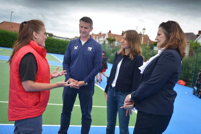 Culture Secretary Lucy Frazer marks the refurbishment of 1,000 public tennis courts. Photocall on June 29 at the tennis courts on Royal Parade, Eastbourne, with children from Bourne Primary School and Scott Lloyd, CEO Lawn Tennis Association.