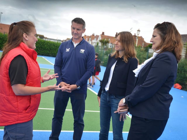 Culture Secretary Lucy Frazer marks the refurbishment of 1,000 public tennis courts. Photocall on June 29 at the tennis courts on Royal Parade, Eastbourne, with children from Bourne Primary School and Scott Lloyd, CEO Lawn Tennis Association.