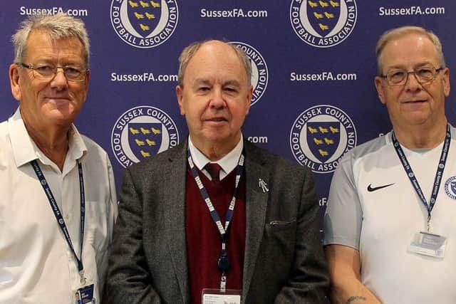 BBC Sussex’s Kevin Anderson, centre, with Ken Benham, SCFA Chief Executive, left, and Brian Shacklock, SCFA Stadium Supervisor | Picture: Sussex County FA