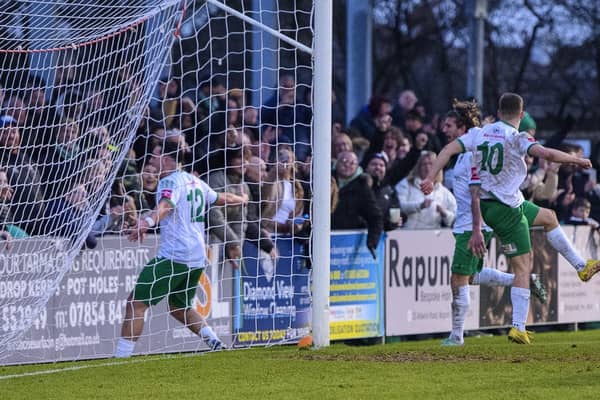 The Rocks players and fans are ecstatic after Tommy-Lee Higgs' late winner against Billericay | Picture: Tommy McMillan