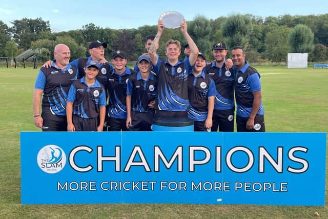 Southwater CC captain Morgan Gilmour lifts the Sussex Slam trophy | Picture contributed