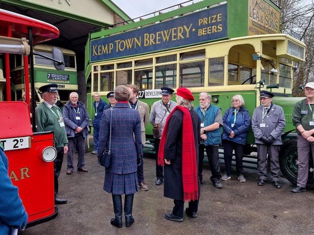 The Princess Royal meeting trustee John Vincent with the bus operations and bus engineering volunteers