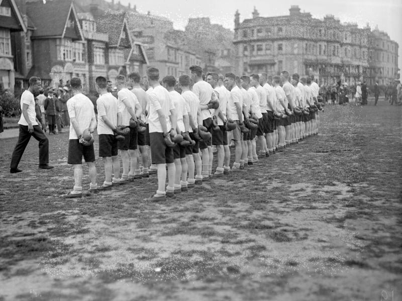 Boxers lined up for inspection at an RAF Sports held at Hastings on 5th August 1918.