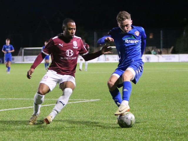 Action between Worthing and Hastings United in the Sussex Senior Cup semi-final at Lancing