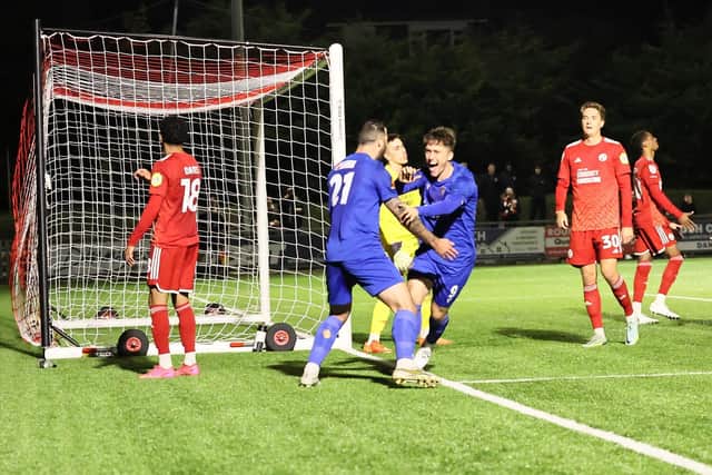 Worthing players celebrate one of their six goals against Crawley Town in the Sussex Senior Cup | Picture: Mike Gunn