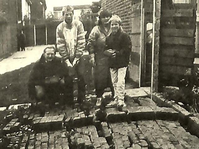 A fallen wall in Crossman Court after the Great Storm 1987