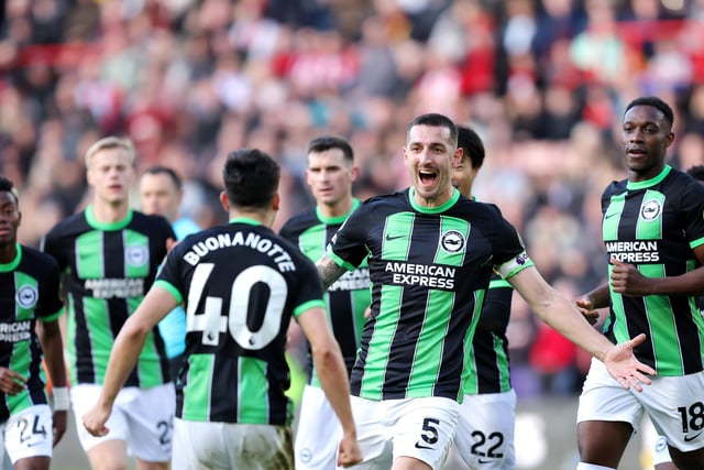Lewis Dunk celebrates after Facundo Buonanotte of Brighton & Hove Albion scored his team's first goal with teammates during the Premier League match between Sheffield United and Brighton & Hove Albion at Bramall Lane on February 18, 2024 in Sheffield, England. (Photo by Matt McNulty/Getty Images)