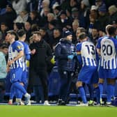 Roberto De Zerbi praised his team after they beat Brentford 2-1 at the Amex to get back to winning ways. (Photo by Steve Bardens/Getty Images)