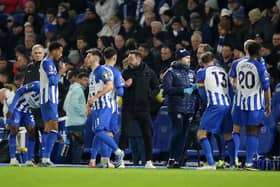 Roberto De Zerbi praised his team after they beat Brentford 2-1 at the Amex to get back to winning ways. (Photo by Steve Bardens/Getty Images)