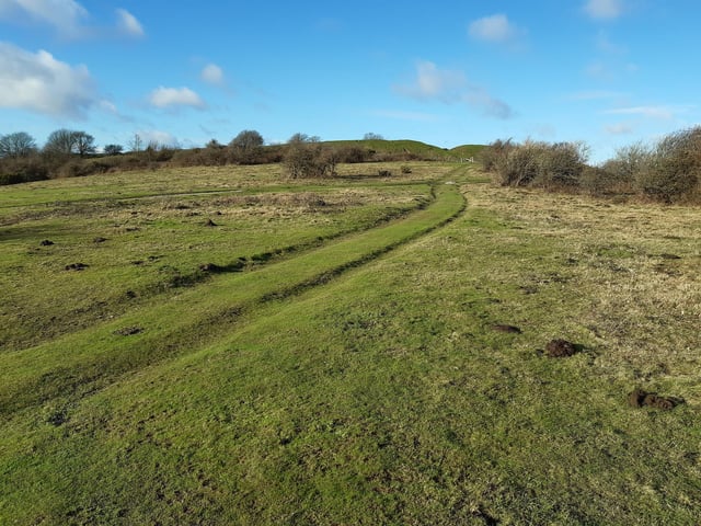 Turn right and follow the fence to an open area of land. Turn right again to join this footpath up to the top of Cissbury Ring, with the ramparts obvious ahead of you.