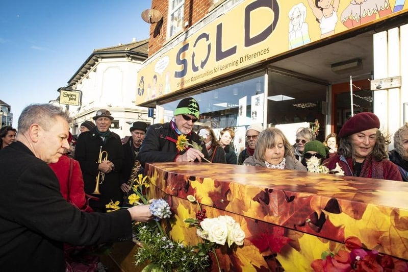 Musicians led the vibrant celebratory procession through Shoreham to honour photographer Marilyn Stafford