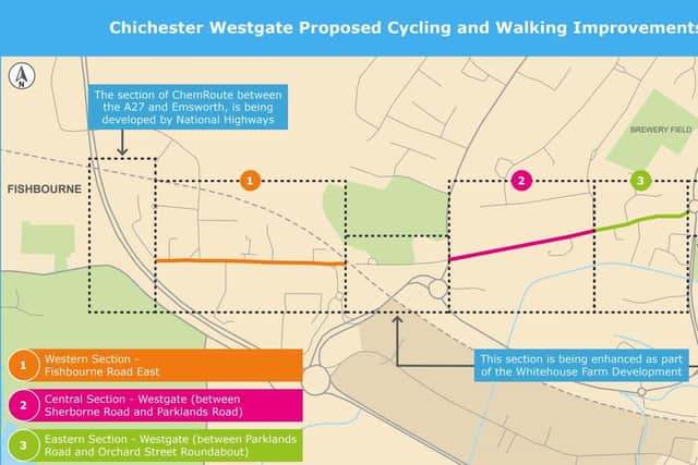 Chichester District Council has chosen its preferred options for a cycling/walking route through the city - though it may be years before anything is put in place. Image: West Sussex County Council