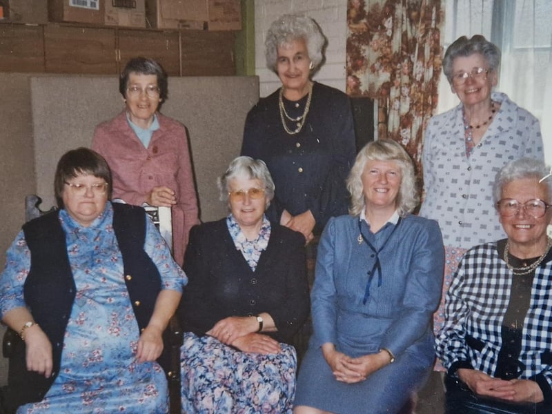 The Women's Fellowship in May 1999, front row, Anne Saunders, pianist Helen Vincent, violinist Lorna Sivyour and speaker Enid Pocock, back row, secretary Lily Holmes, offertory Joyce Edwards and Joy Stephens