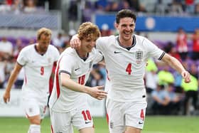 Declan Rice celebrates scoring England's first goal, with Anthony Gordon, during the International Friendly match against Costa Rica at Inter&Co Stadium on June 10, 2026 in Orlando, Florida. (Photo by Richard Pelham/Getty Images)