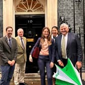 Arundel farmer Tim Lock (pictured right) outside 10 Downing Street with other NFU Farmers for Schools Ambassadors. Photo: National Farmers' Union