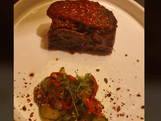 First came the Jacob’s Ladder, a slow-cooked beef short rib with bourbon glaze and pickled cucumber.