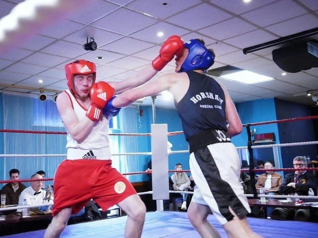 Action from Crawley's junior boxing squad at their annual blockbuster at the Goffs Park Social Club on Sunday. Picture by Max Spanner Photography