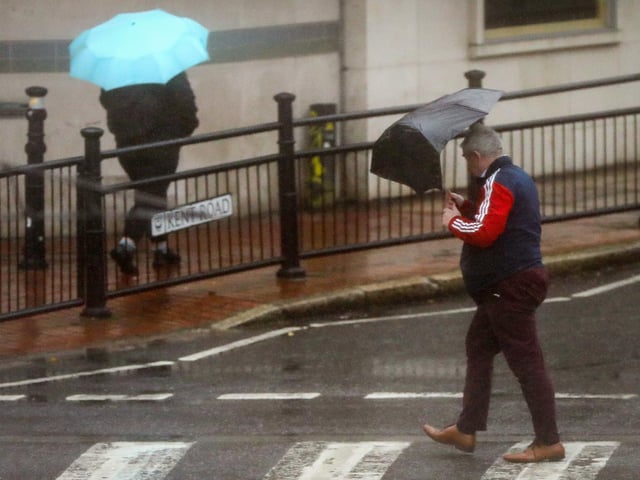 Shoppers out in Storm Barra, Kent Road, Southsea. Picture: Chris Moorhouse (jpns 071221-02)