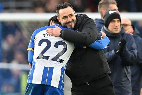 Brighton head coach Roberto De Zerbi is a huge fan of his talented attacker Kaoru Mitoma. Photo: GLYN KIRK / Getty Images