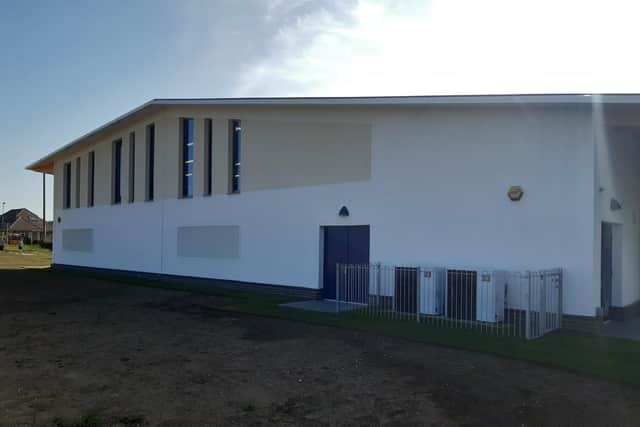 The windows for the new sports hall at New Horizons Seaside Primary School in Lancing are principally on the east side, so there will be solar gain. Photo by Elaine Hammond / Sussex World