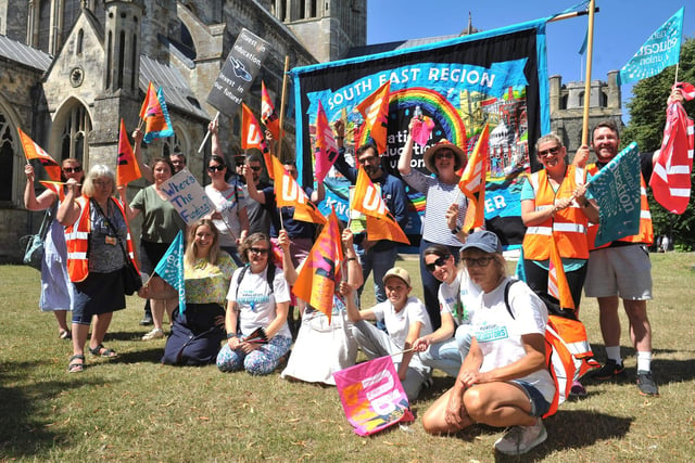 Striking NEU members outside Chichester cathedral