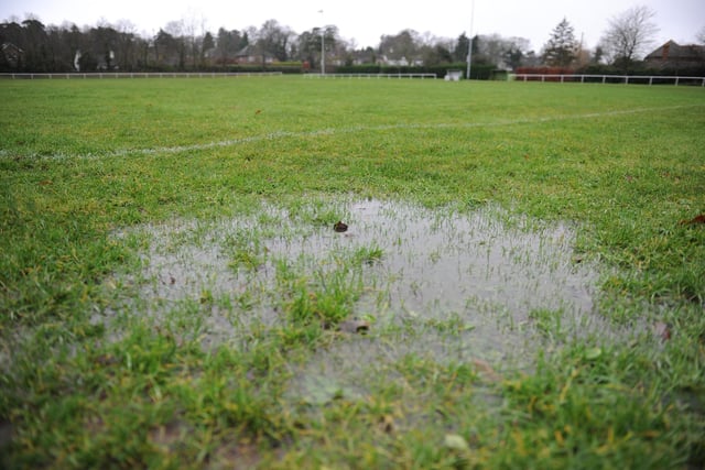 JPCT 221212 Wet weather. Soggy football pitch, Storrington. Photo by Derek Martin