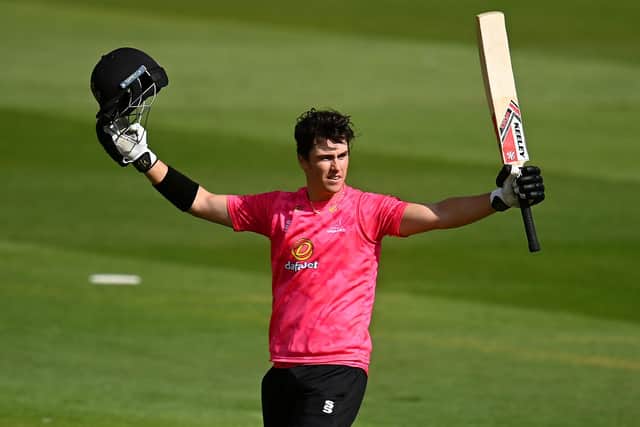 Ali Orr of Sussex celebrates a century during the Royal London One Day Cup match between Somerset and Sussex in 2022 | Photo by Harry Trump/Getty Images